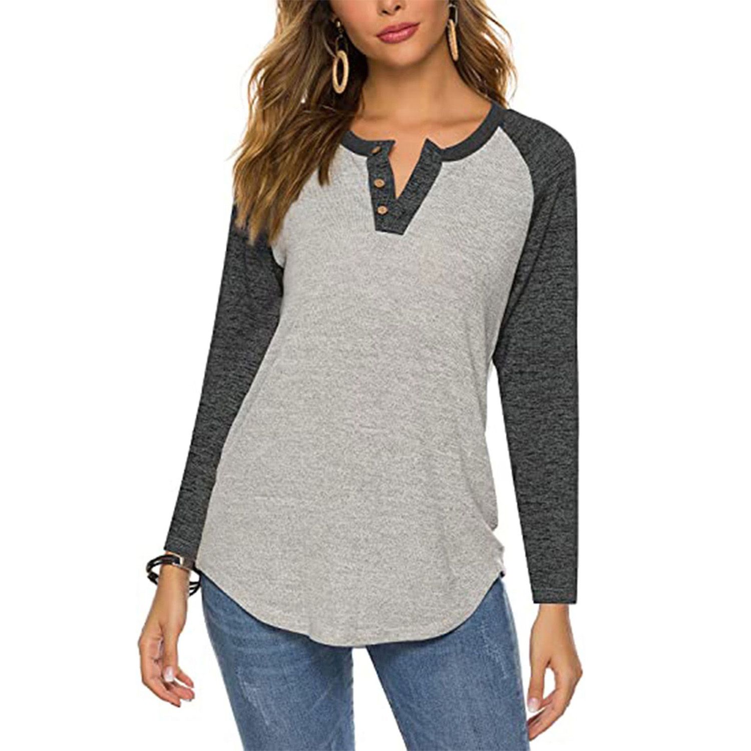 Women Long Sleeve T-shirt with Color Block Print, Button Decoration Spring Clothing