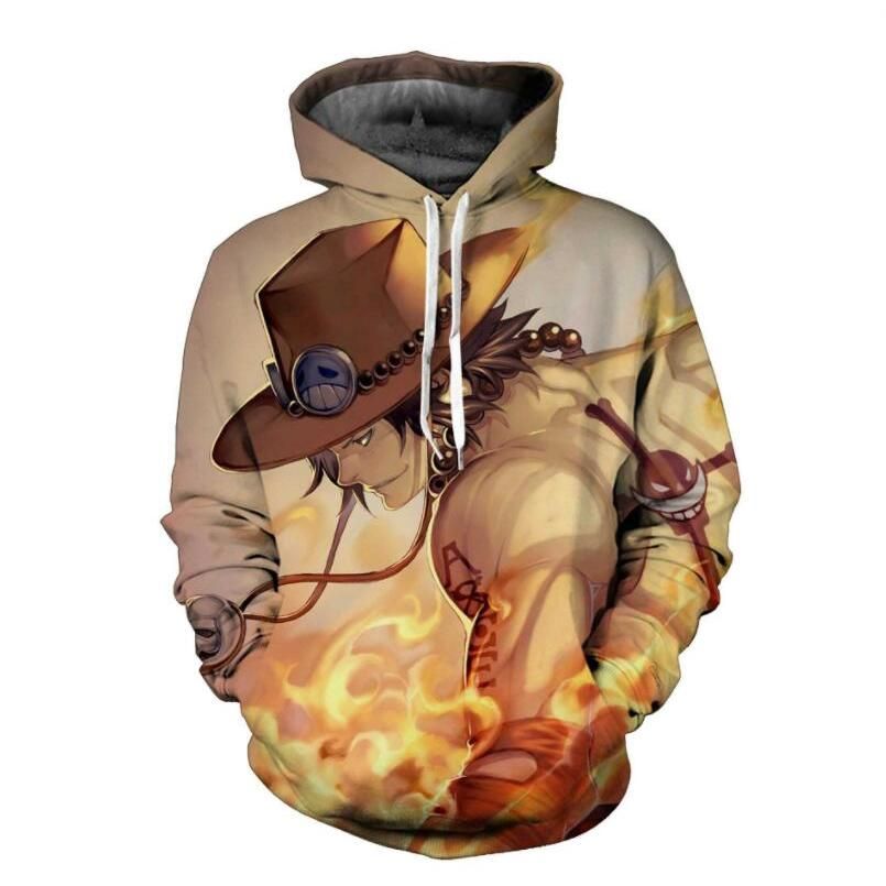 One Piece New 3D Printing Portgas.D.Ace Plus fluff Hooded Sweater