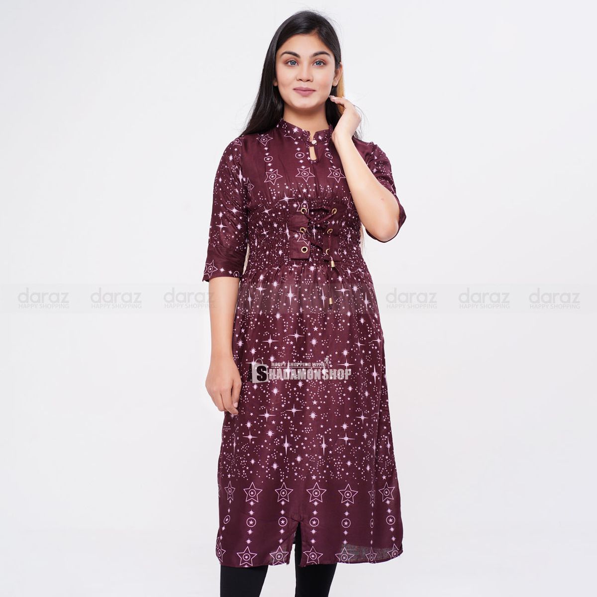 Readymade Round Stylish Fashionable Hot Kurti For Girls Long Pure Soft Linen (1 Pcs) ShadaMon Shop AT10