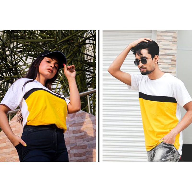Nasfar White on Yellow Cotton Half Sleeve Couple Set T-Shirts