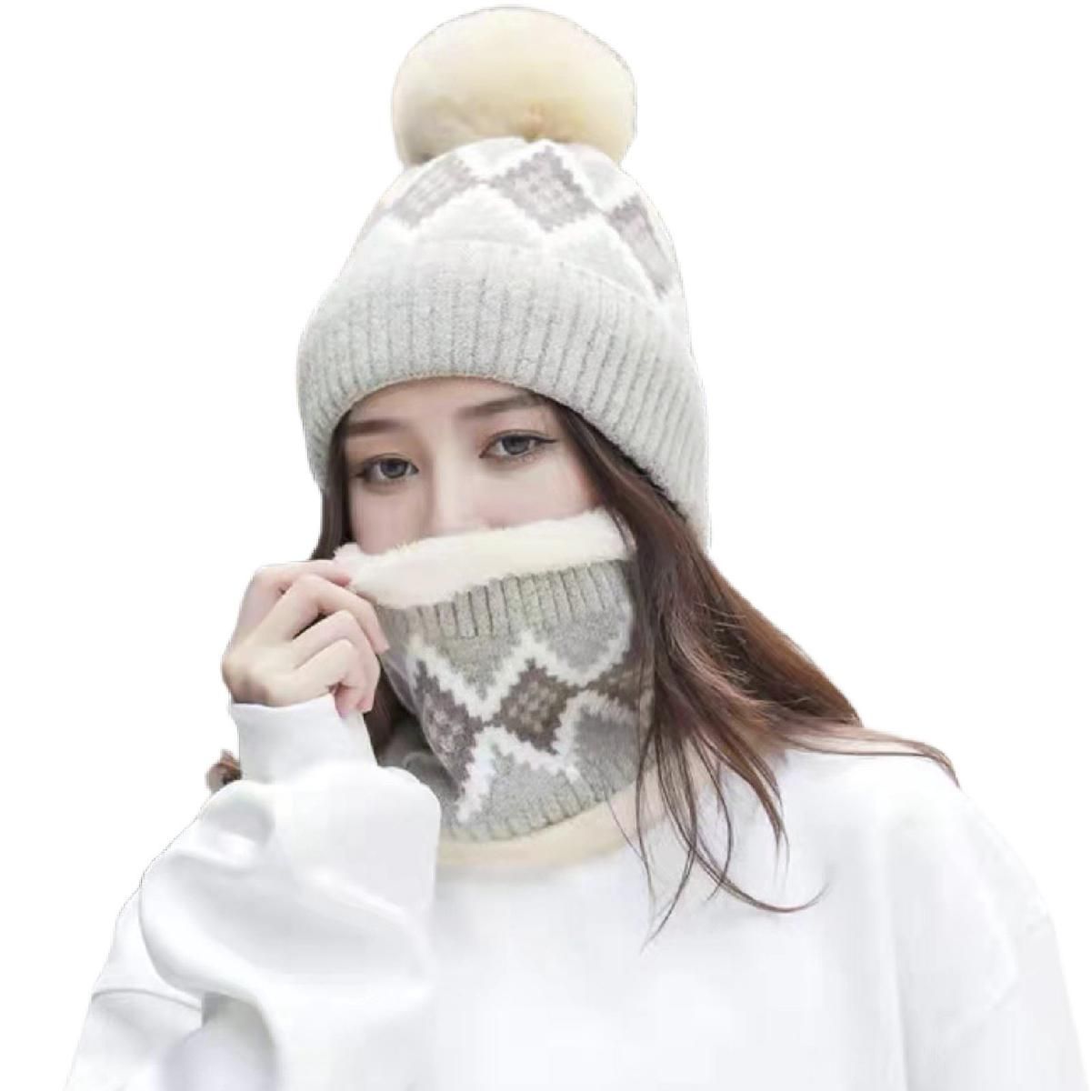 Beanie Hat Set Geometric patterns Cute Pompoms Ball Hat Scarf