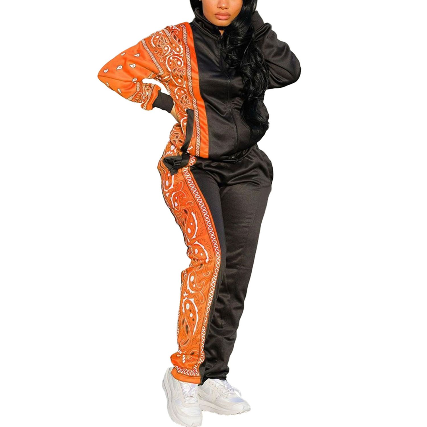 Women’s Two Piece Outfits, Long Sleeve Stand Collar Zip Up Jacket and Long Pants Set Tracksuit