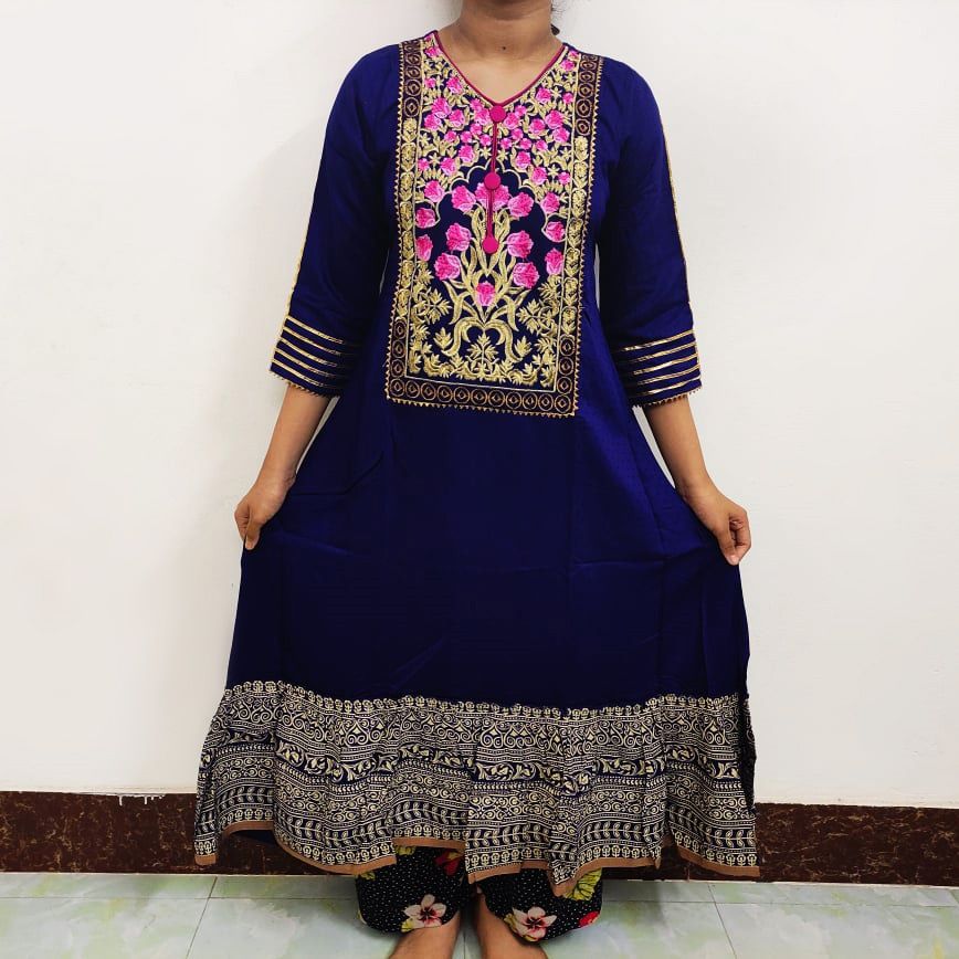 Fashionable Synthetic stitched long kurti for women and girls. Chest 36.38.40.42.44.46. Long 46+-1