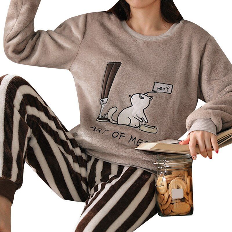 Winter Flannel Thicken Pajamas Set for Women Long Sleeve + Long Pants Casual Loose Warm Soft Sleepwear Loungewear 2Pcs Pjs