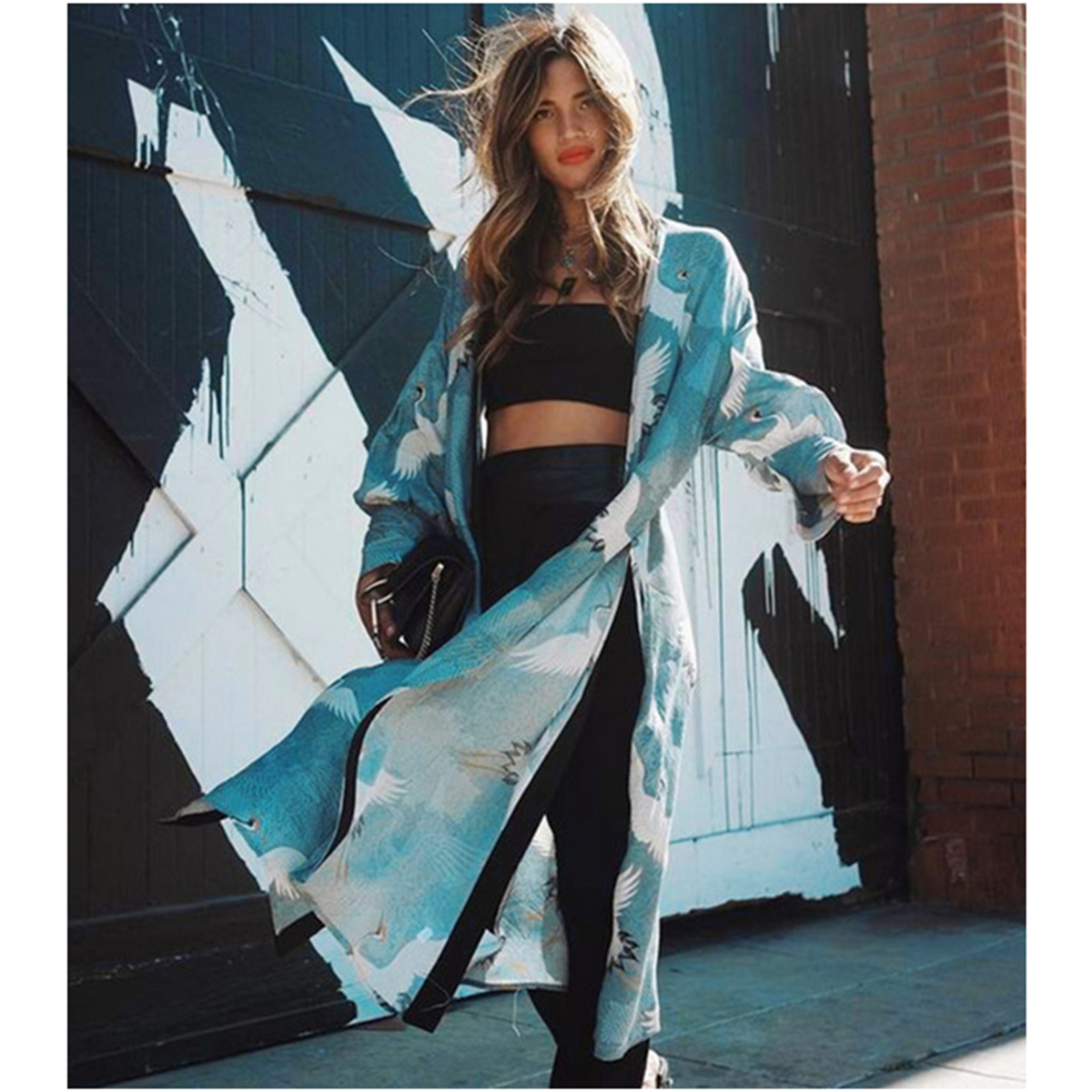 Women Fairy Crane Print Cardigan Loose Long Sleeve Sun Protection Shirt Thin Mid-length Bikini Blouse