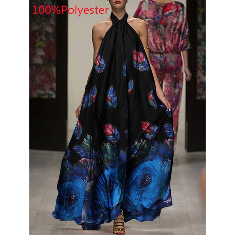 Celmia Bohemian Sundress Summer  Halter Floral Print Long Dress 2022 Women Sleeveless Ruffled Backless Party Maxi Vestidos