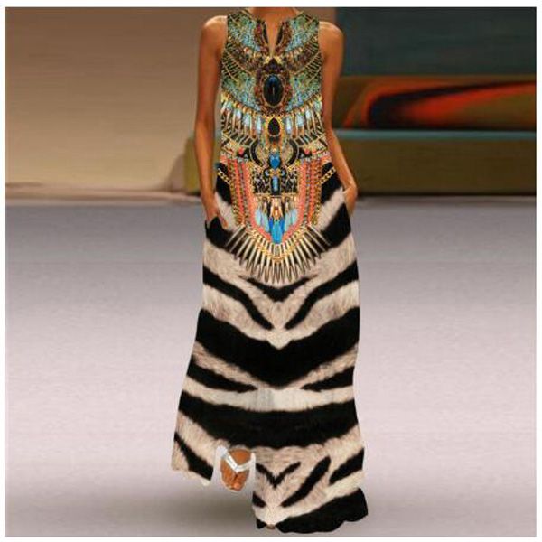 Fashion Style Vintage Printing Women Sundress 2021 Summer V-neck Sleeveless Long Dress Elegant Ladies Maxi Dresses Plus Size 5XL
