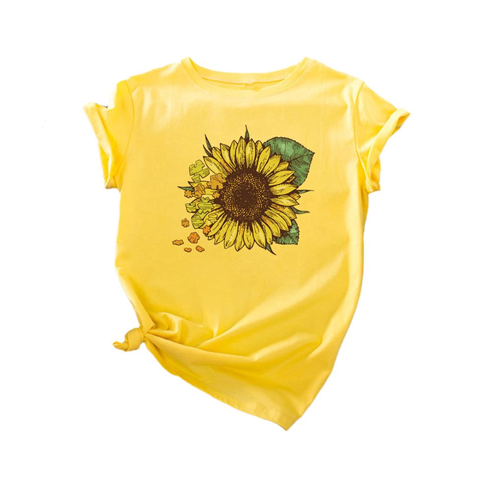 Women Sunflower Print Round Neck Short Sleeve Tops T-shirt