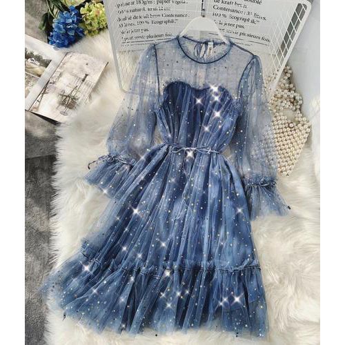 New Female O-neck Stars Sequined Mesh Shiny Fairy Dress Women Elegant Bling Gauze Princess Puff Dresses Vestidos De Fiesta