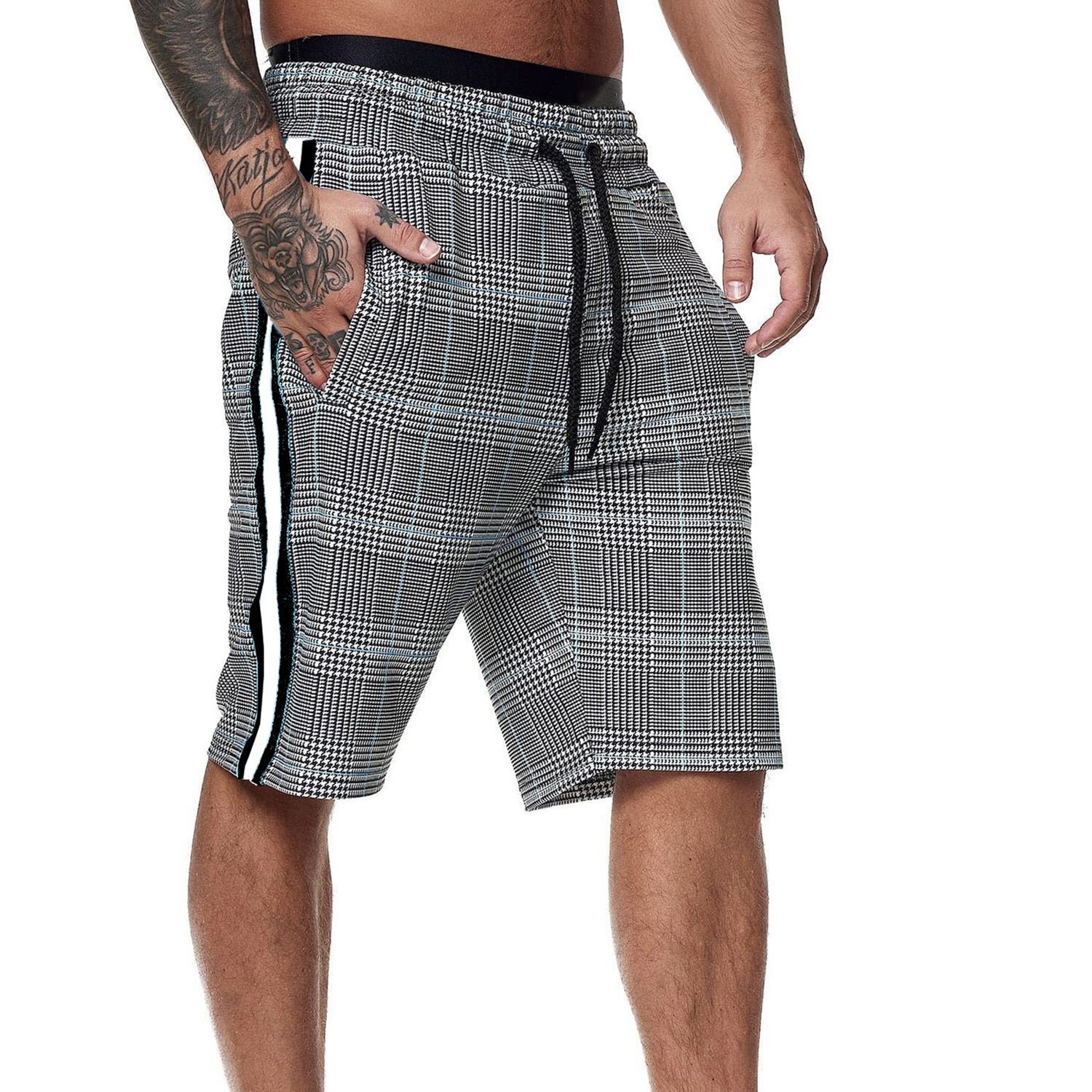 Men Shorts Plaid Side Stripe Summer Mid Rise Drawstring Short Trousers for Sports