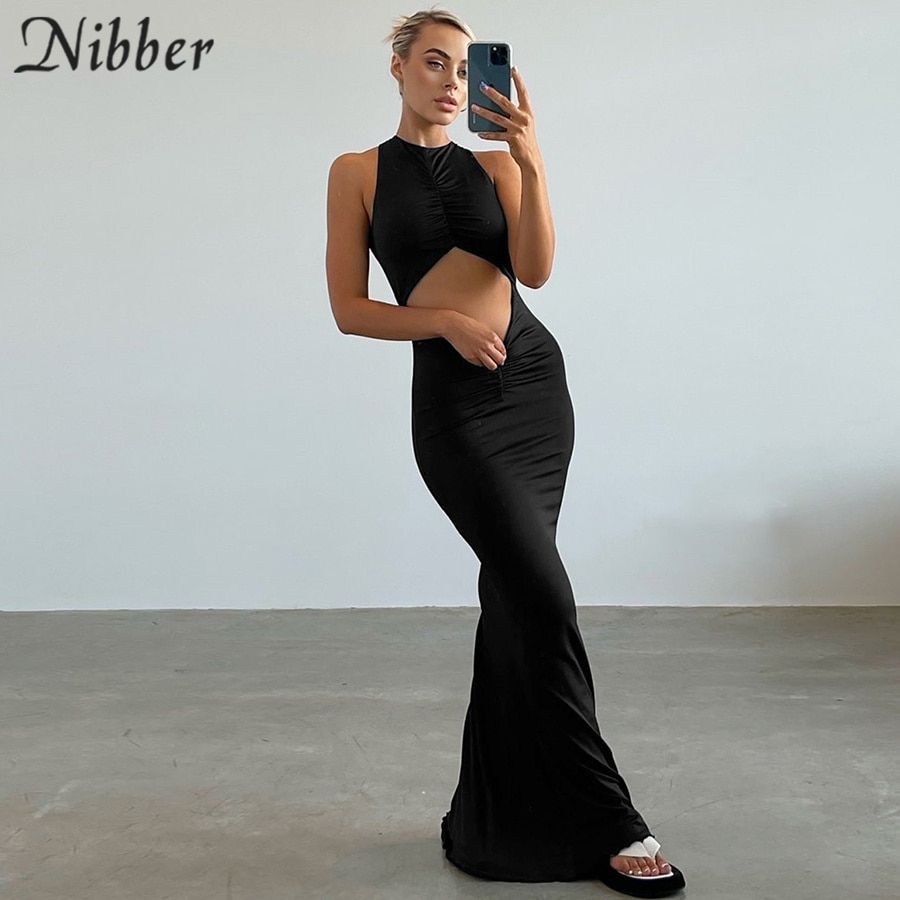 Nibber Y2k  Beach Bodycon Dresses Women  Hollow Out Off Shoulder Backless Print Tie Dye Blue Maxi Dresses 2021 Summer