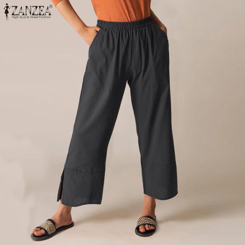 Womens Elastic Waist Pull-On Chino Pants Slit Straight Wide Leg Trousers