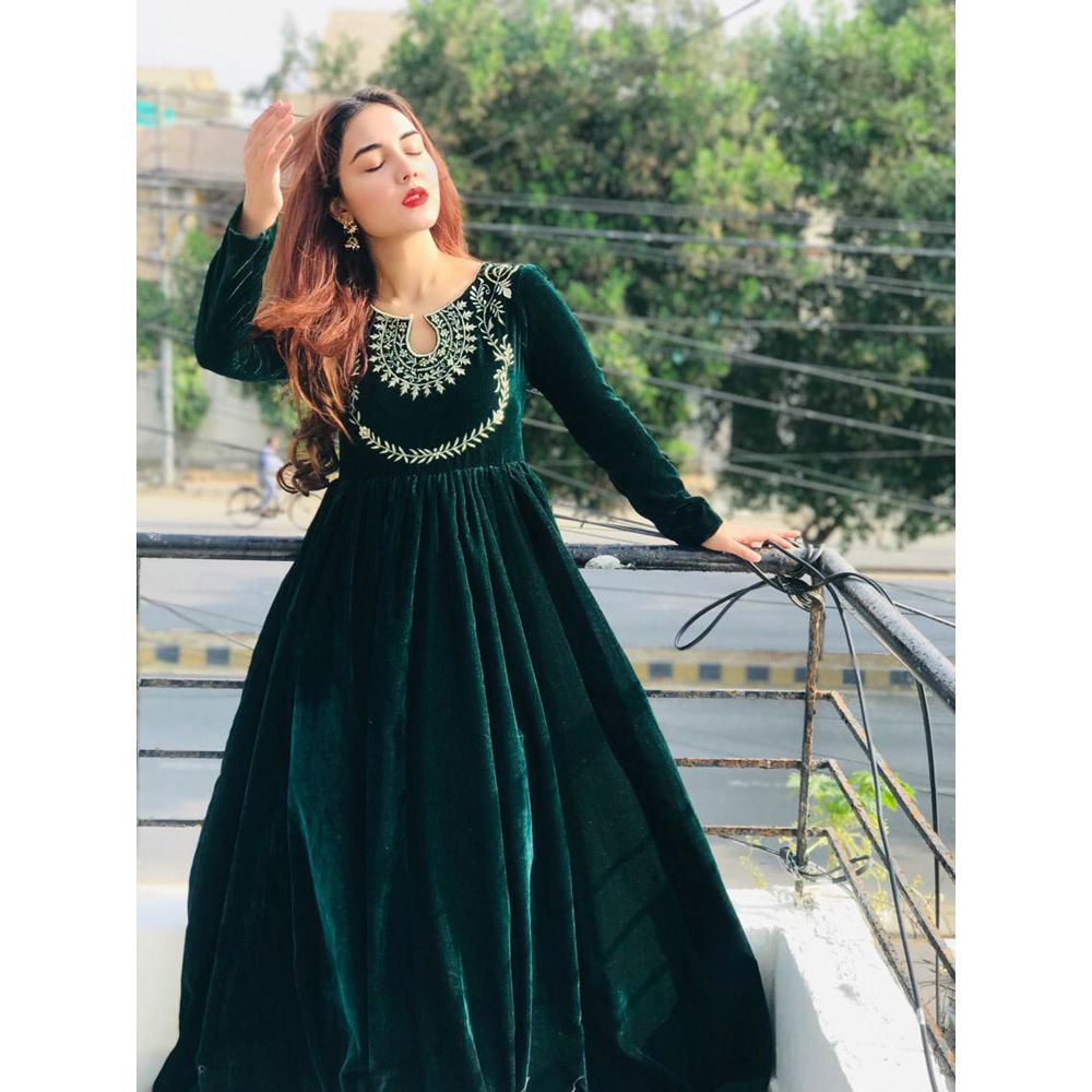 Velvet Fabics Ready Made Embroidery work one piece gown for woman-4