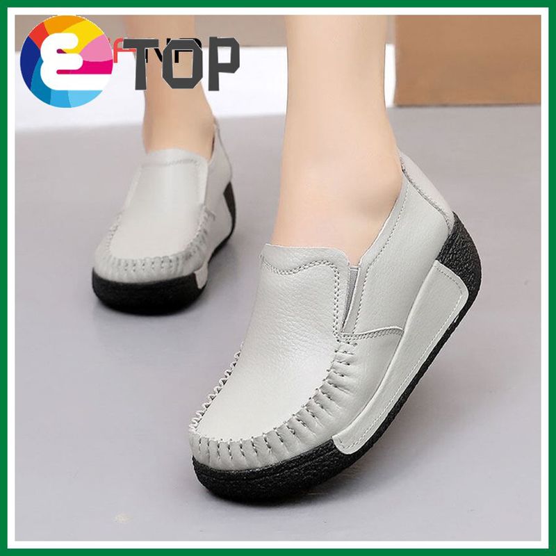 Women Wedges Platform Shoes Leather Casual Shoes Black Loafers Slip on Flats Creepers Korean Style Fashion Shoes For Women