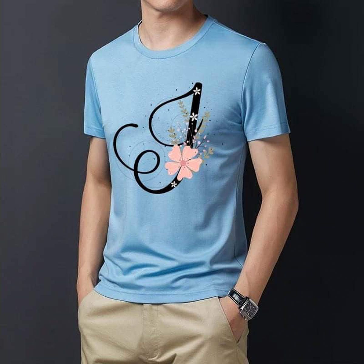 Floral Alphabet Letters A to Z Skyblue Color T-Shirt For Men's - T Shirt - T Shirt