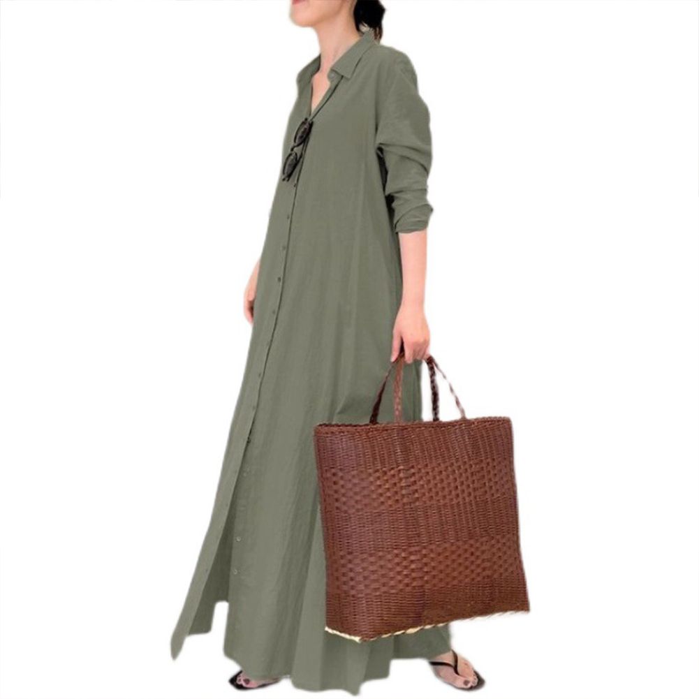 Yfashion Women Long Sleeve Shirt  Dress Solid Color Lapel Colar With Pocket Simple Loose Casual Single-breasted A-line Skirt Long Shirt Dress color:een size:M