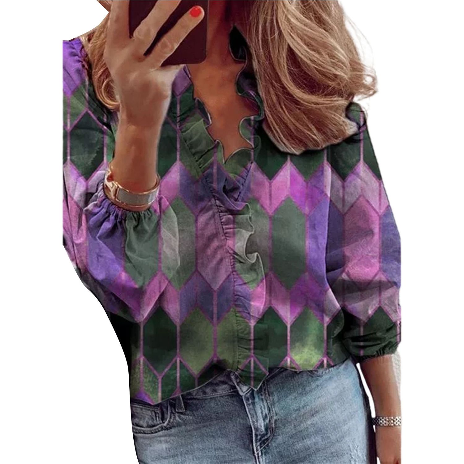 Women Blouse Le Collar Blouses Casual V Neck Sleeve Loose Shirt