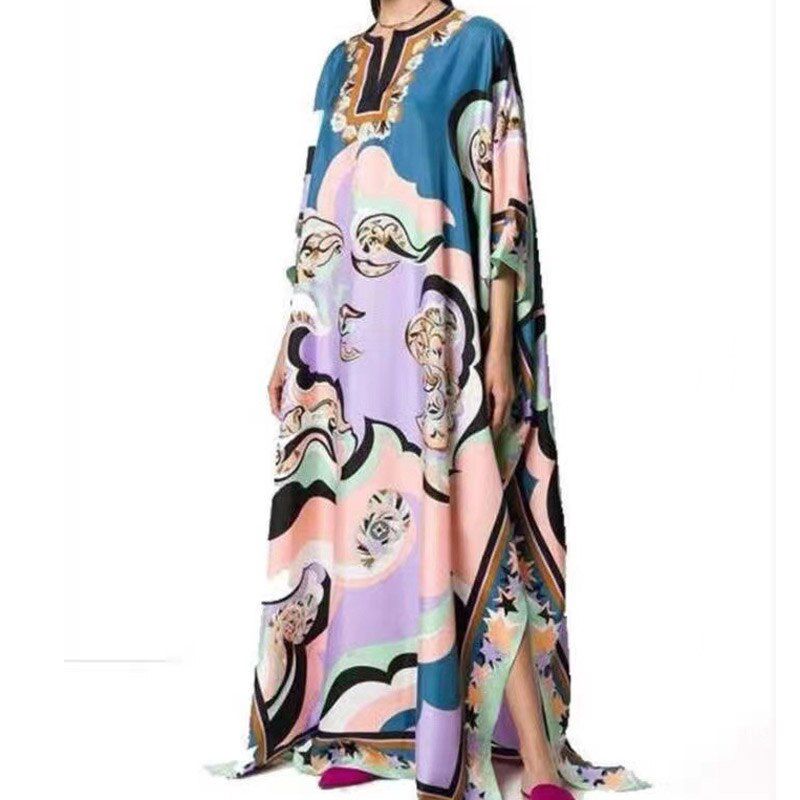 Women Spring Floral Printed Loose Maxi Dress Oversize Elegant 3/4 Sleeve Beach Dresses Summer V-neck Long Split Dresses Mujer