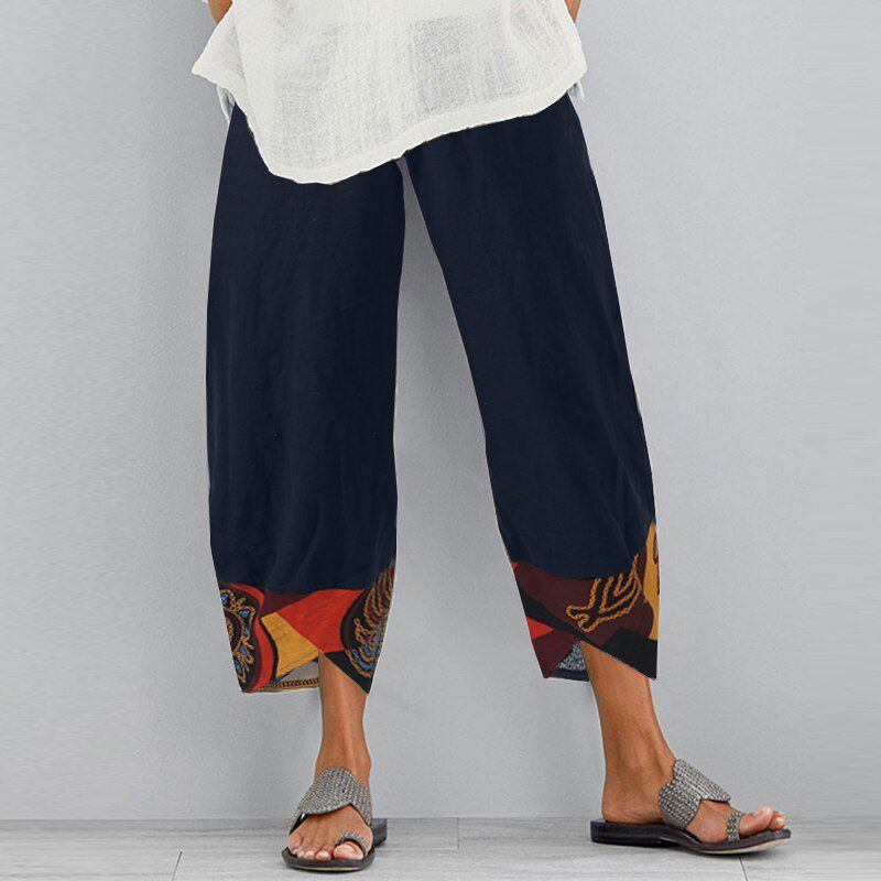 Vintage Women Cotton Linen Wide Leg Pants Female Asymmetric Trousers Ladies Casual Loose Pockets Elastic Waist Pants