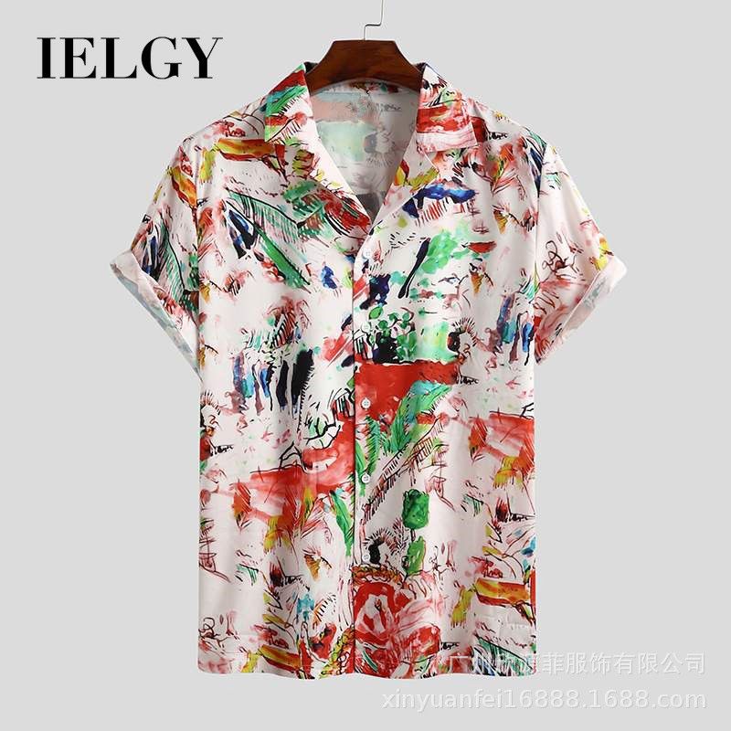 IELGY New men's short-sleeved printed shirt summer Hawaiian beach men's shirt