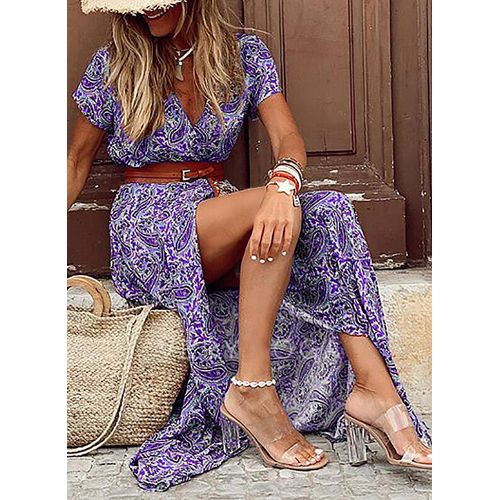 Womens Floral Vintage Boho Long Dress Print V-Neck Short Sleeve Elegant Dress Bohemian Vestidos Plus Size Dresses New