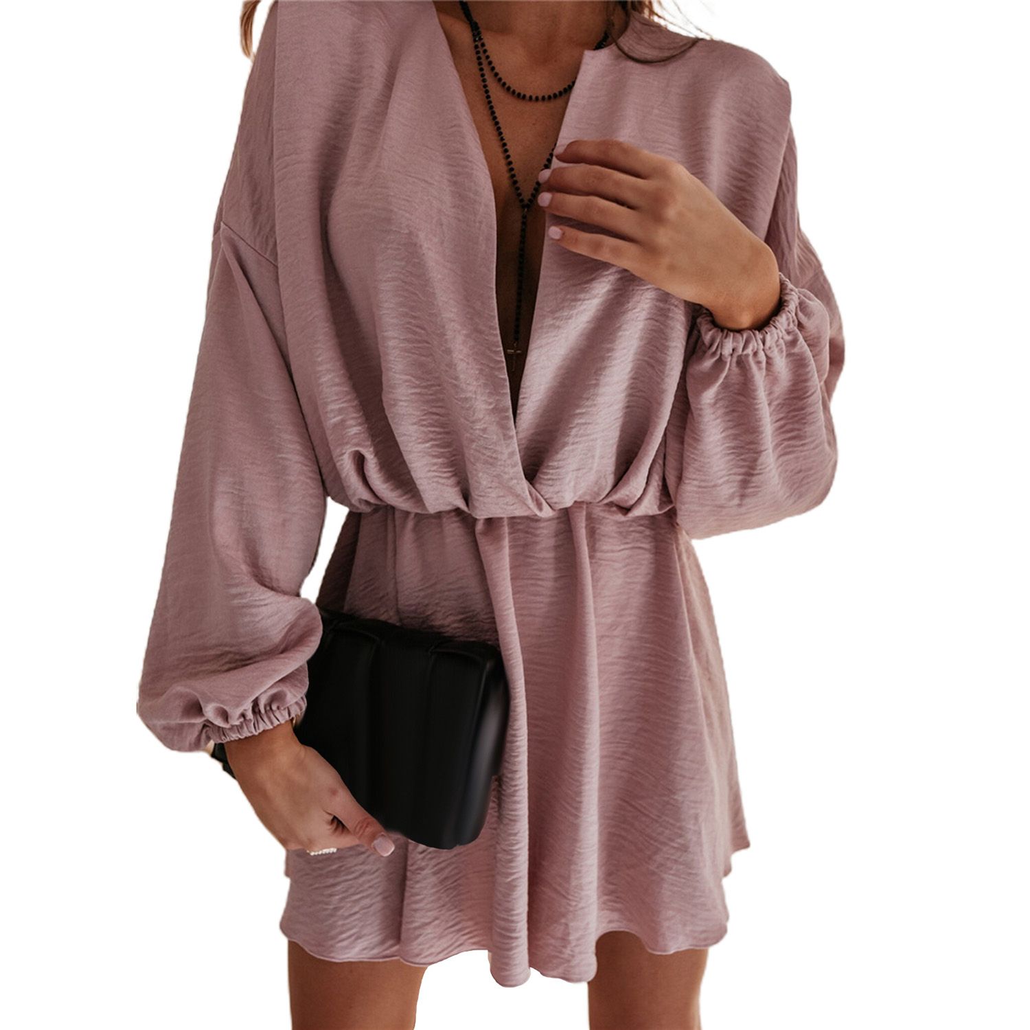 Mini Dress Deep V Neck High Waist Women Solid Color Long Sleeve Dress for Office