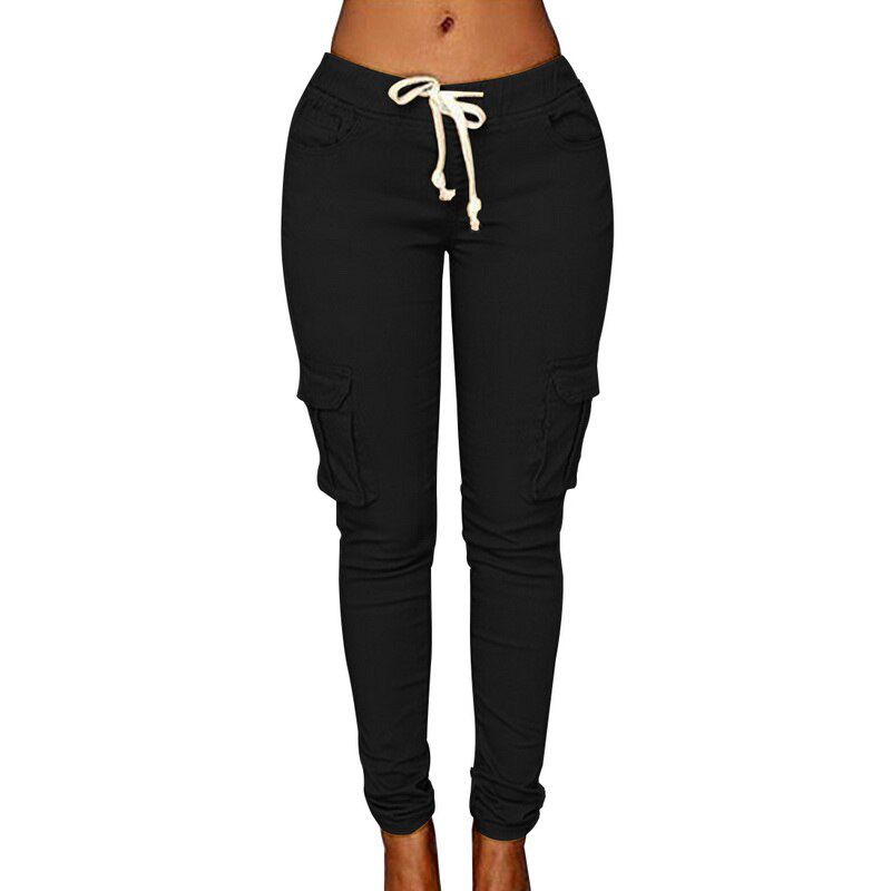 Women Pants Fitness Solid Trousers Casual Female Multi-Pockets Drawstring Tie Trousers Slight Pencil Pants Oversized