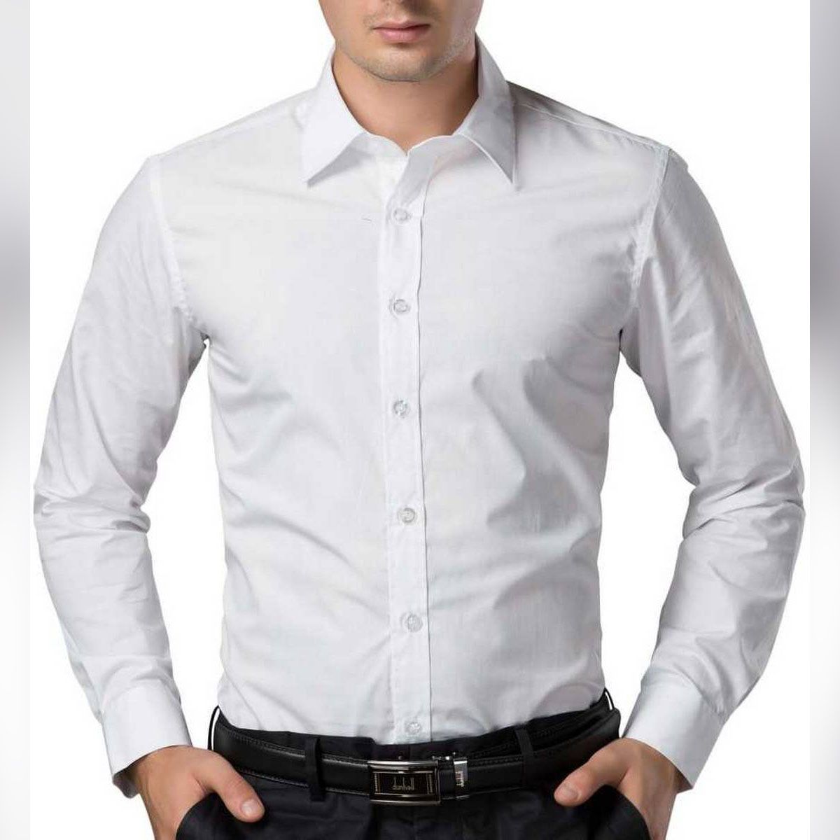 White Solid Cotton Long Sleeve Casual Shirt for Men