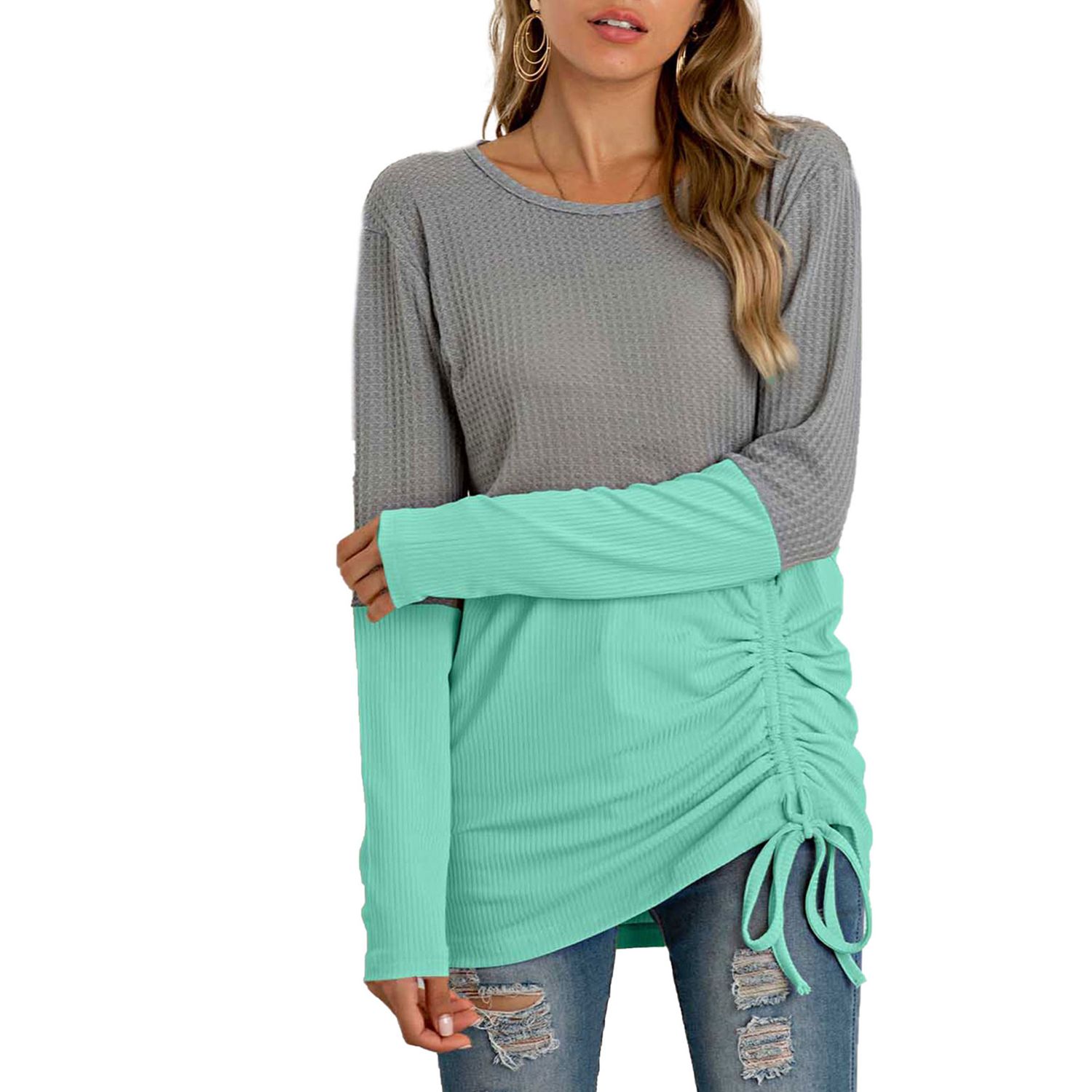 Woman Color Block Sweater, Casual Style Long Sleeve Round Neck Drawstring Knitwear