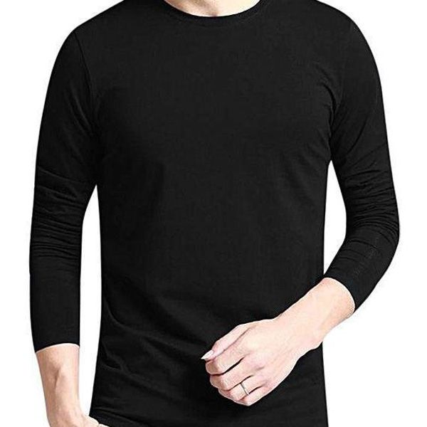 Black Cotton Casual Long Sleeve Round Neck T-Shirt For Men
