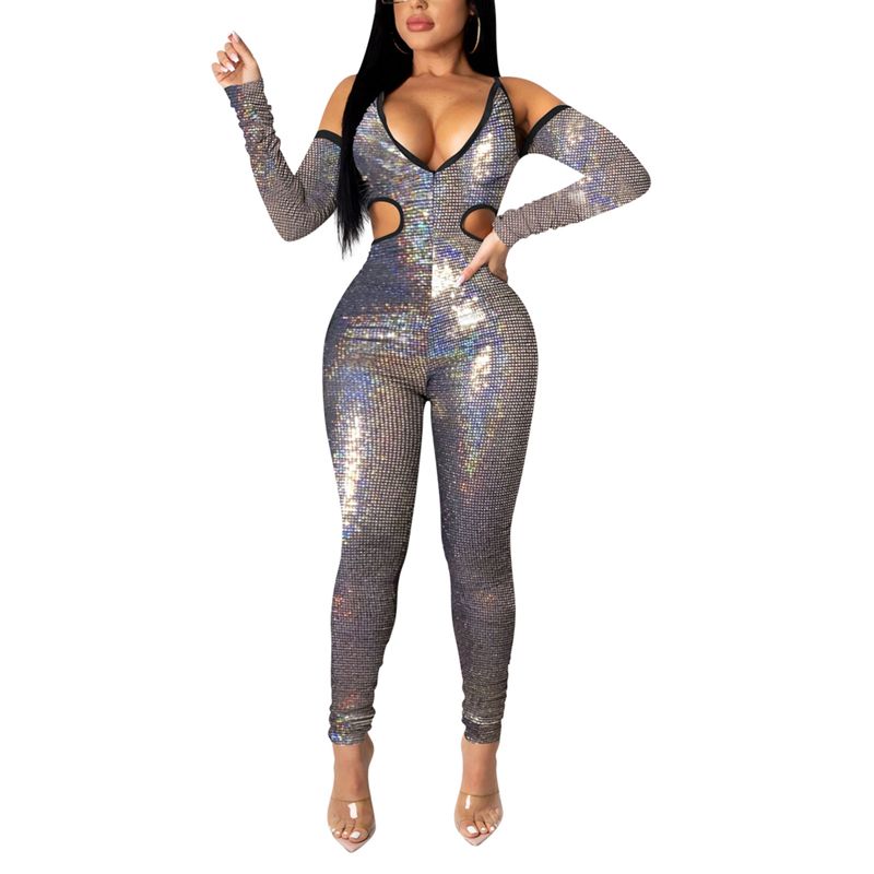 Women Hollow Out Jumpsuit, Adults Sexy Long Sleeve V-neck Cold Shoulder Sparkly Romper