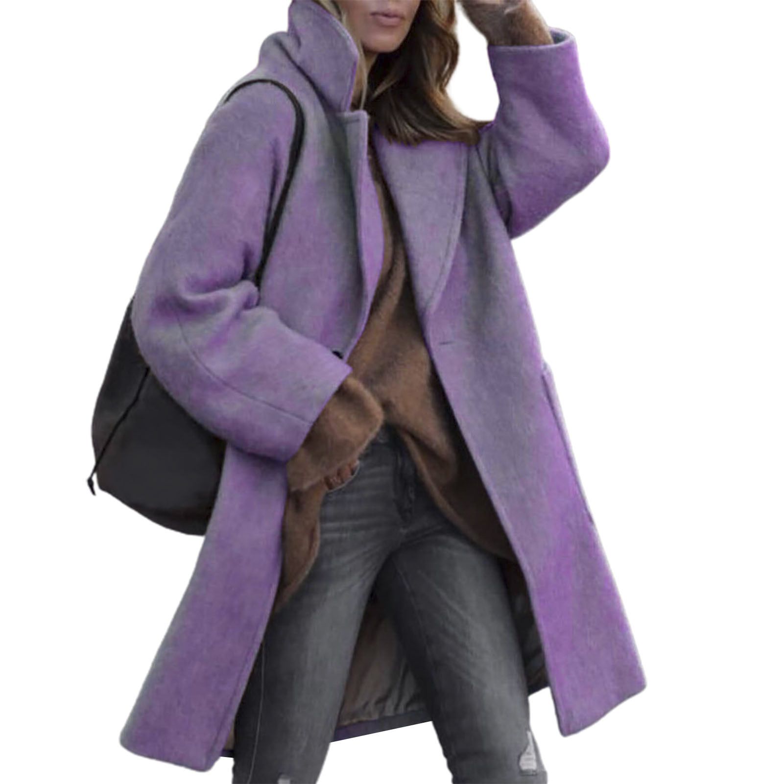 Woolen Suit Coat Lapel Women Solid Color Long Woolen Overcoat