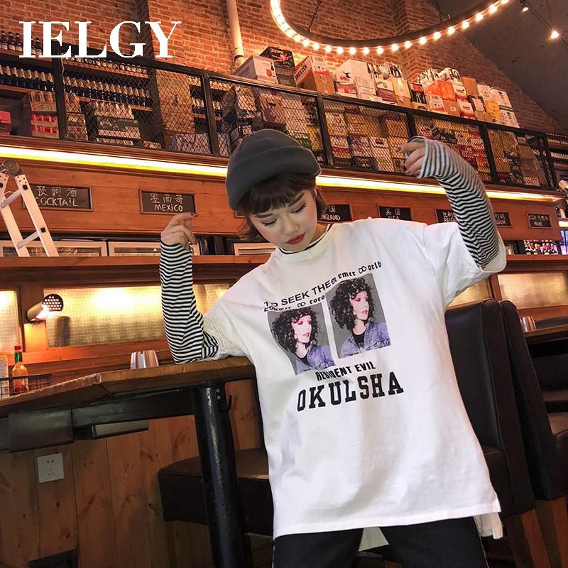IELGY Striped stitching fake two long sleeve t-shirt women
