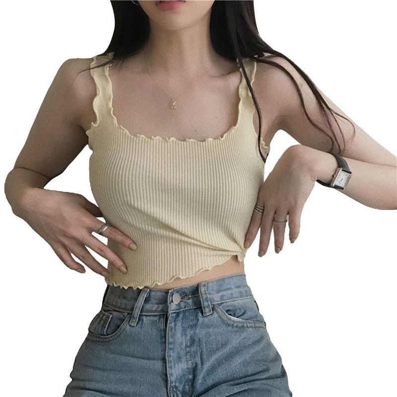 Women's Rib Knit Tank Tops,  Sleeveless Solid Color Lettuce Trim Slim Fit Crop Tops