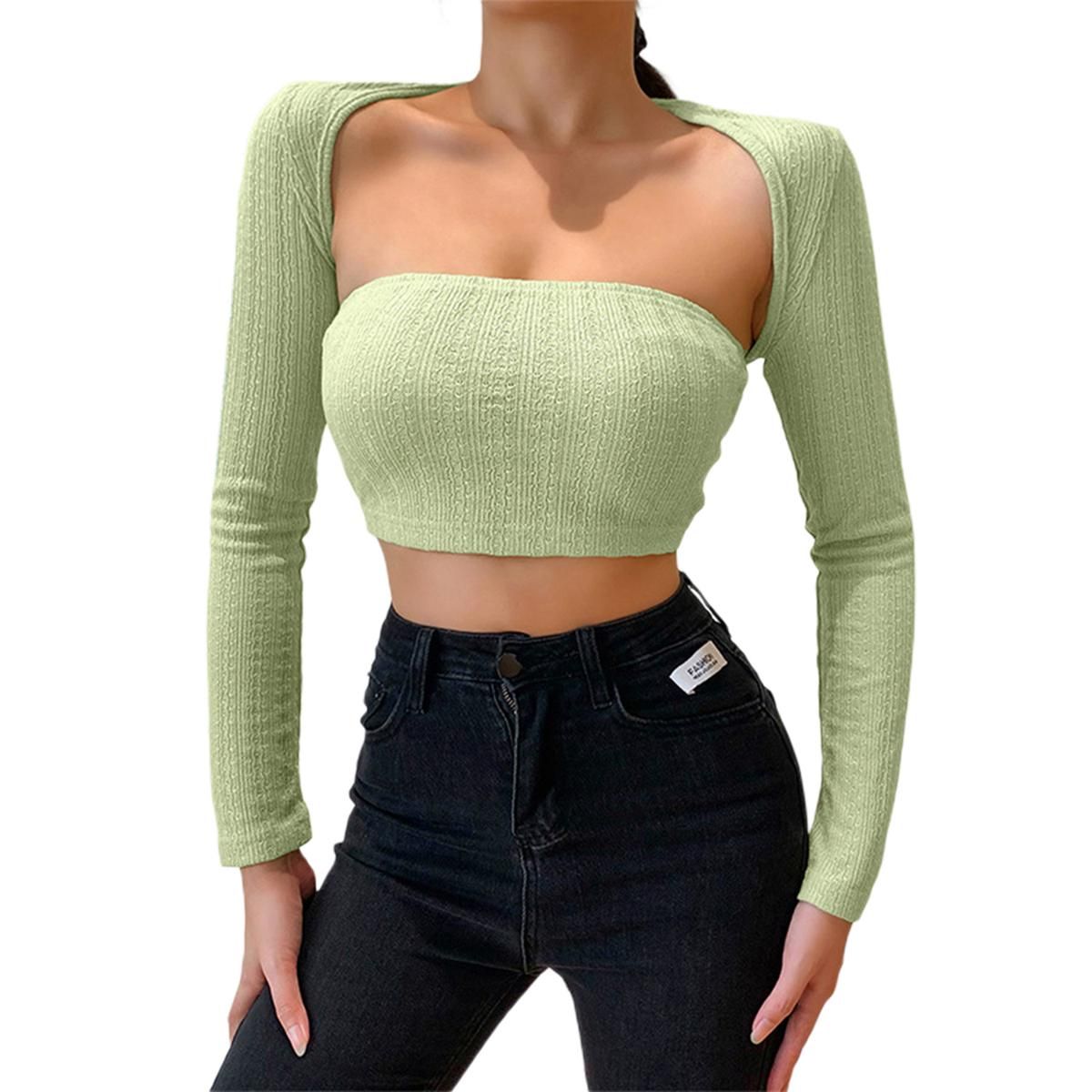 Women’s T-shirt and Vest Suit Fashion Solid Color Long Sleeve Tops and Exposed Navel Tube Tops