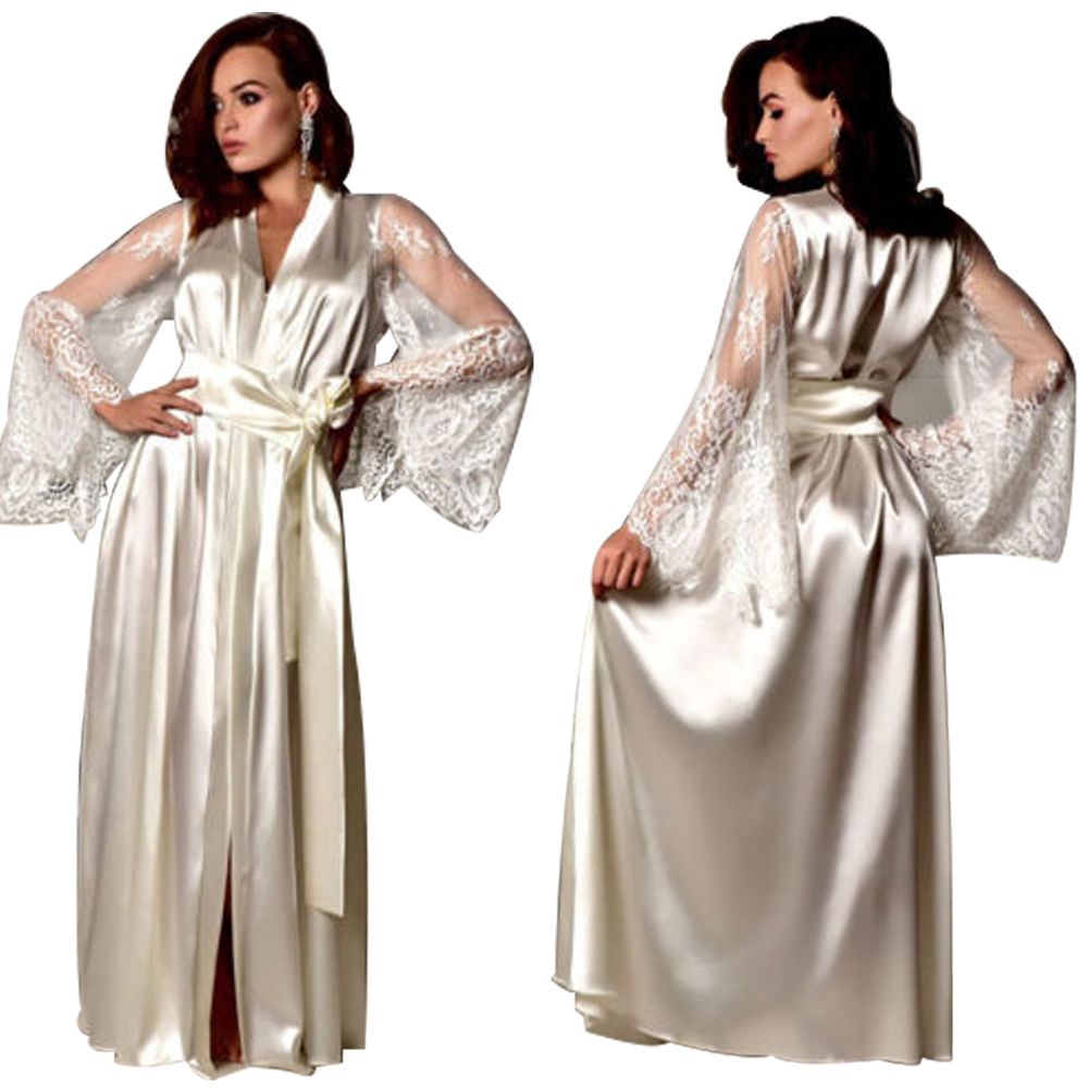 Women  Silk Nightgown Dress, Lace Transparent Sleeve V Neck Tie Waist Satin Kimono Robe Dress