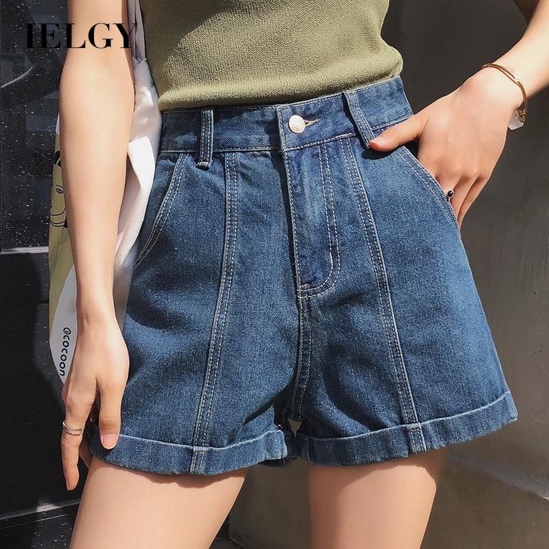 IELGY Thin Short Versatile High waist Wide-legged Fashionable Denim Black Women's pants Casual
