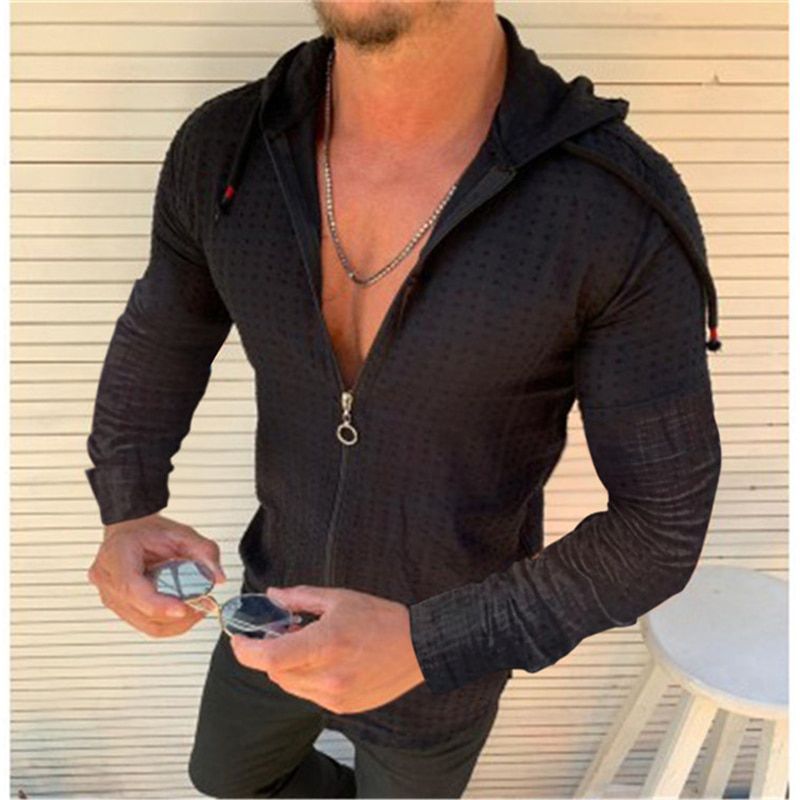Fashion Long/Short sleeved Hoodie Zipper T shirt Men clothing Summer Solid color Casual Plaid print Open Stitch Thin Tshirt Mens
