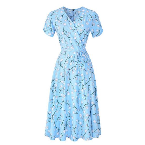 2021 New Summer Dress Women Boho Beach Dresses Casual Short Sleeve Chiffon Print Vintage Midi Dress Female Elegant Robe Vestidos