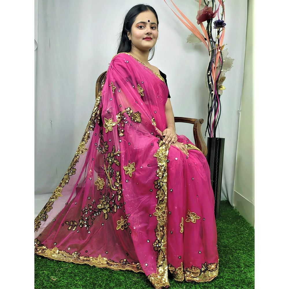 Indian Net Saree and blouse embellished with contrast resham and bead work and embroidery