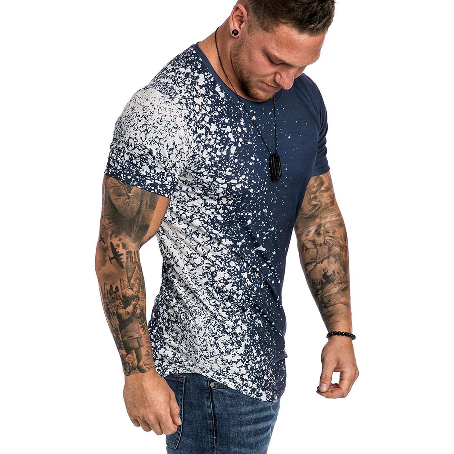 Men Snowflake Dot Print T-shirt, Short Sleeve Round Neck Pullover Summer Gradient Style Clothes