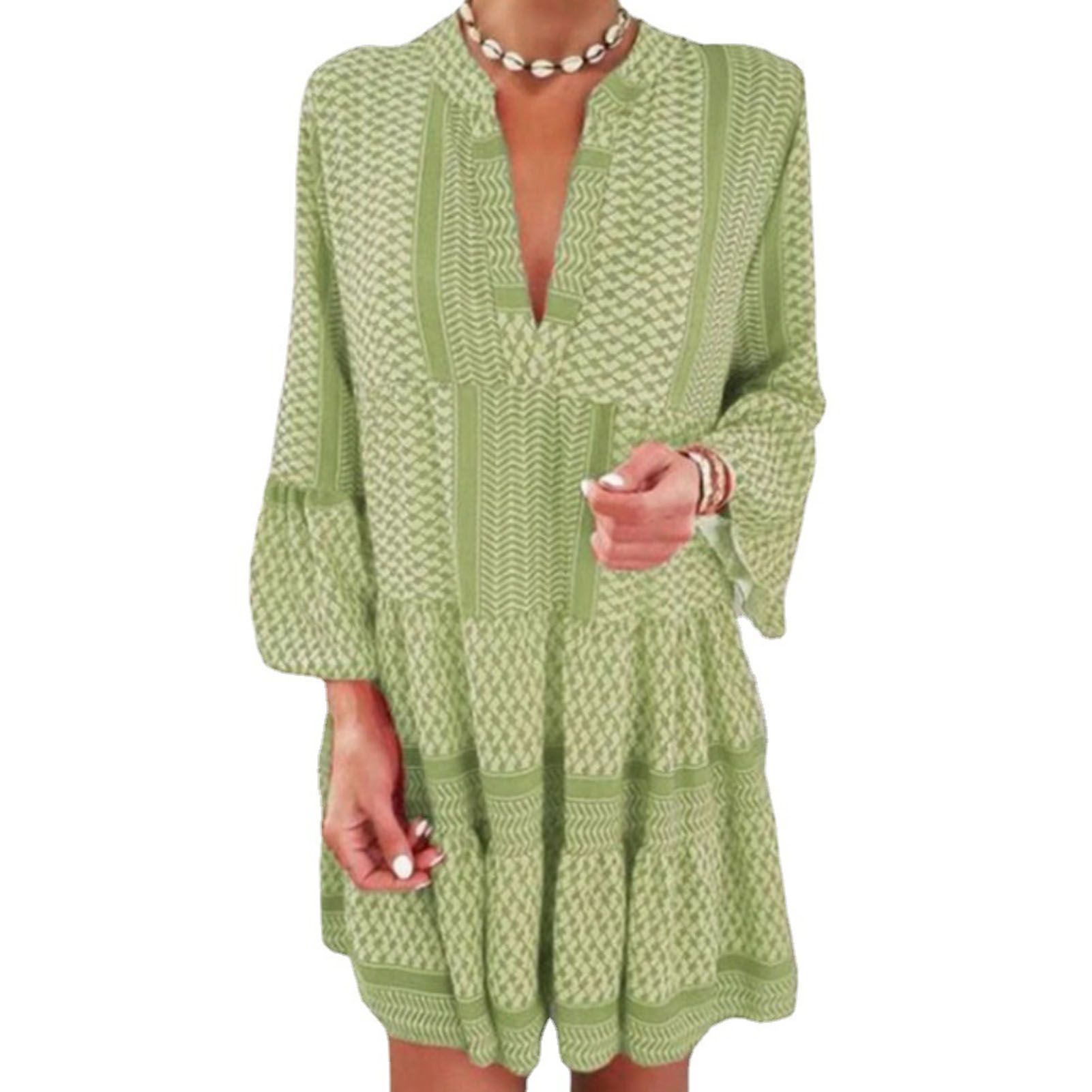 Elegant Dress Beautiful Ruffle Long Sleeve Geometry Print Women Dress