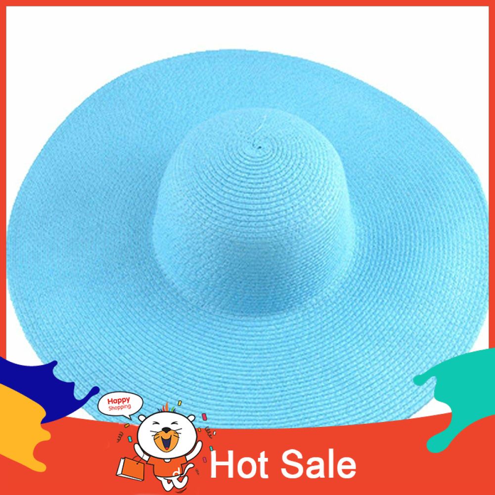 Hawaiian Summer Beach Floppy Hat Solid Color Women Wide Brim Straw Sun Cap