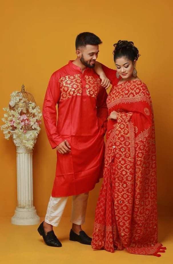 Block Print Half Silk Saree & Dhupian Silk Panjabi Combo For Couple