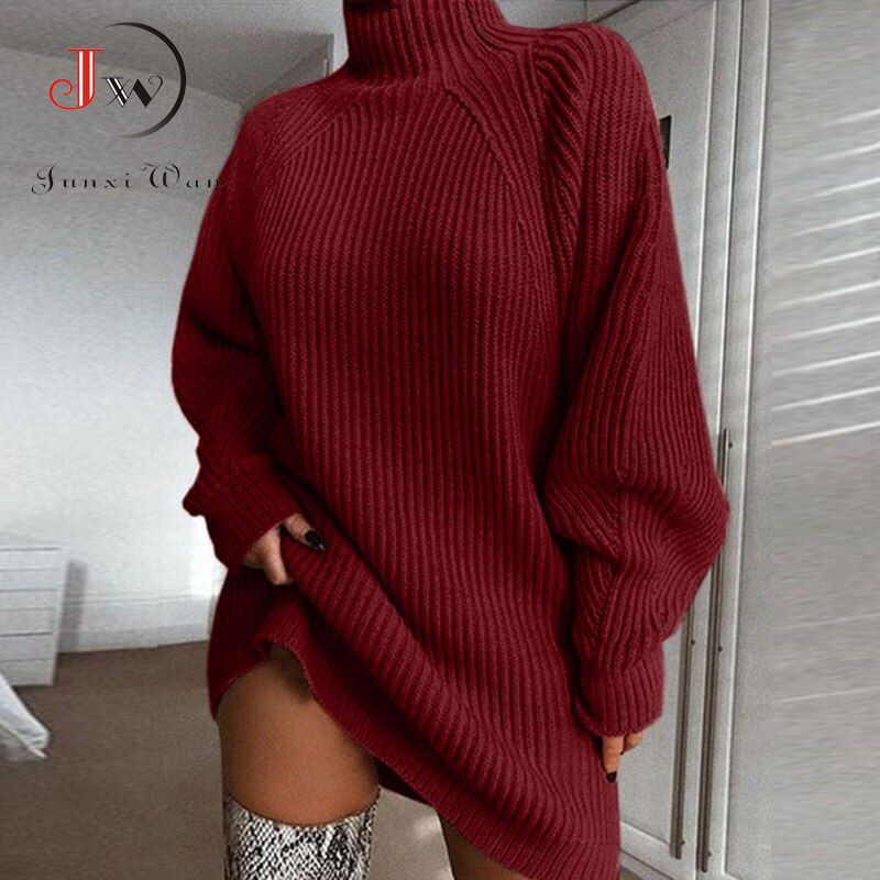 Women Turtleneck Oversized Knitted Dress Autumn Solid Long Sleeve Casual Elegant Mini Sweater Dress Plus Size Winter Clothes