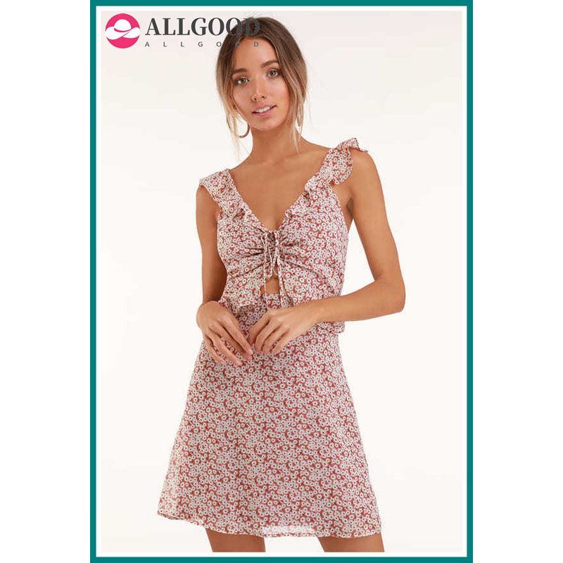 Wildpinky   Casual A-line Print Sleeveless Ruffles Bow Tie Mini Tank Empire V-neck Summer Women Dress Vestidos