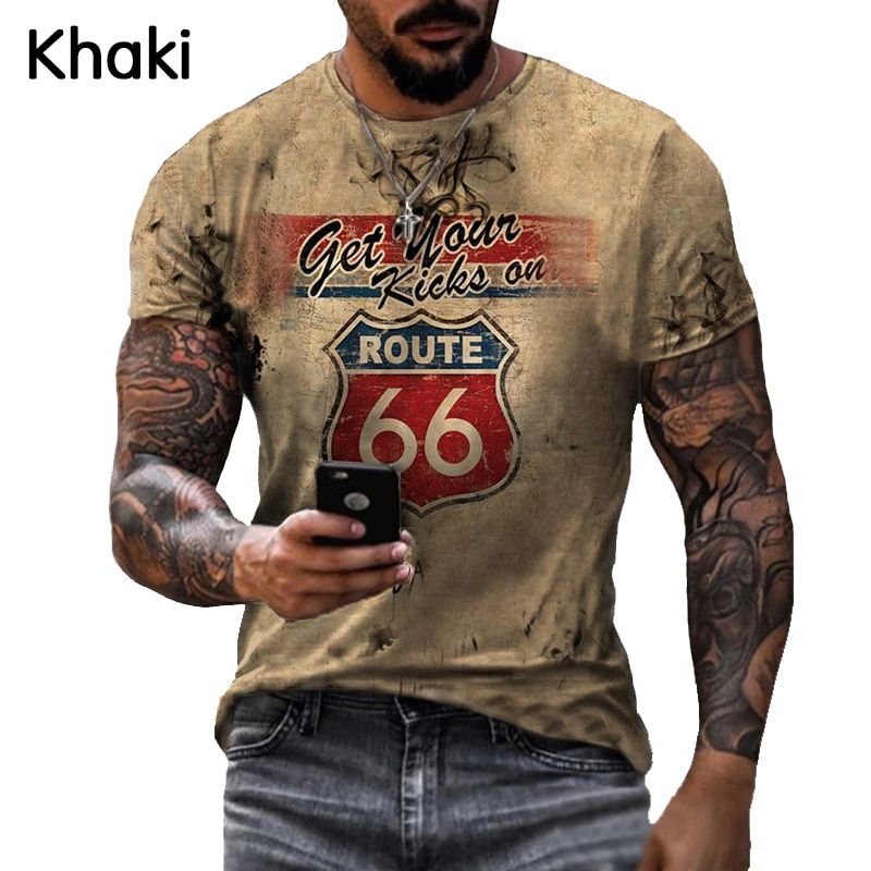 Mens T Shirts Summer Vintage America 66 Route Printed Short Sleeve T-Shirts Male Fashion O-Neck Oversized Loose  Hop T-Shirt