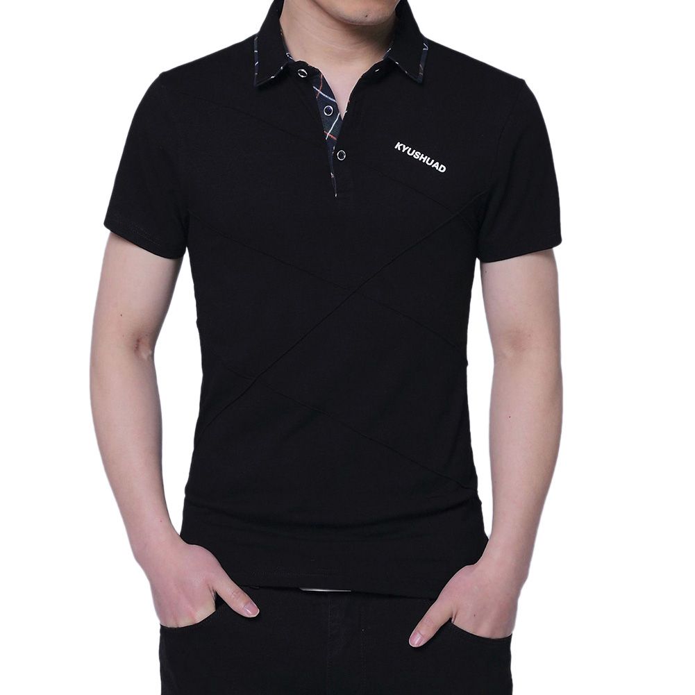 Plus Size Summer Men Slim Ruche Stripe Turn Down Collar Short Sleeve T-Shirt Top