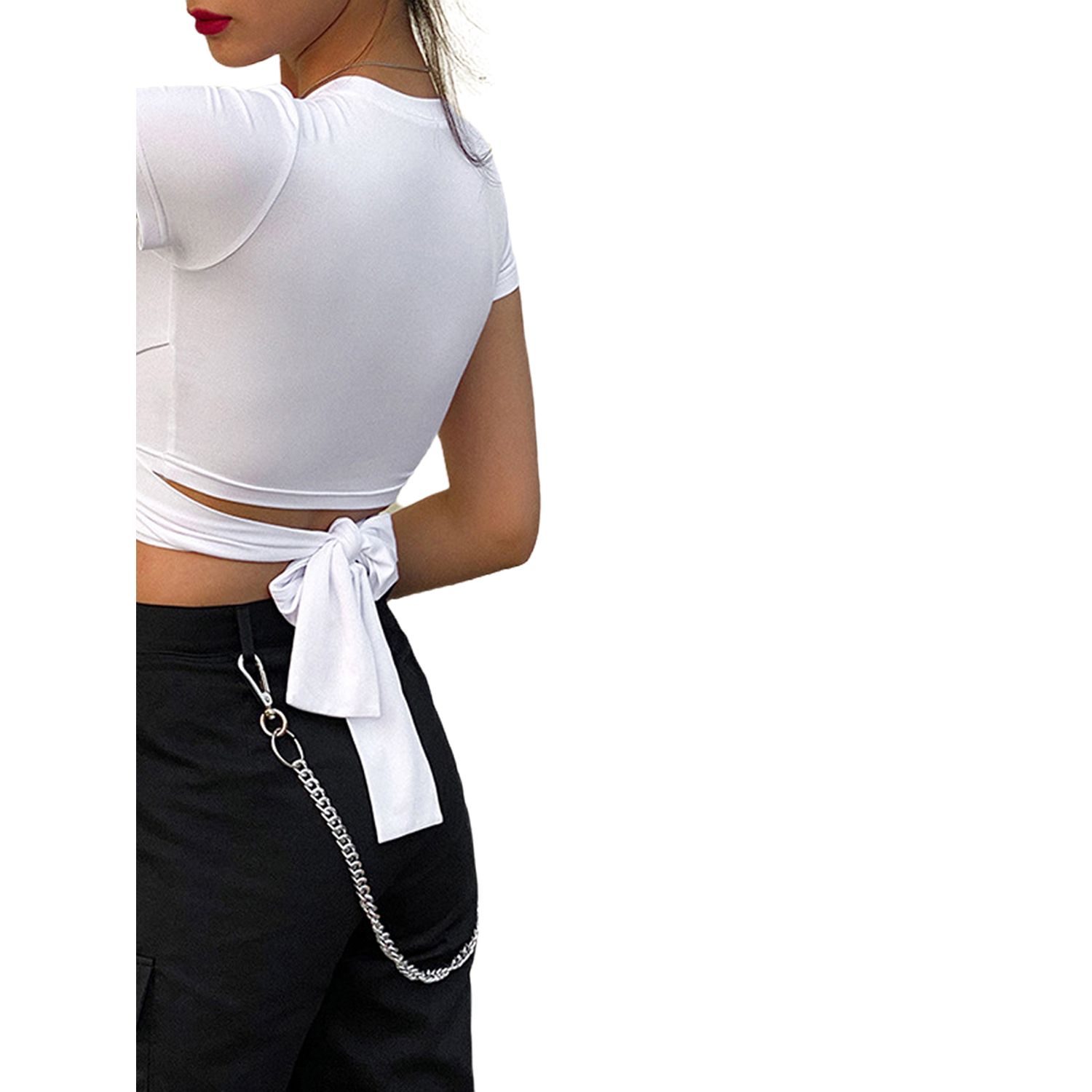 New Women's Summer White Round Neck Top Bandage Slim Fit Short Navel T-shirt (S/M/L)