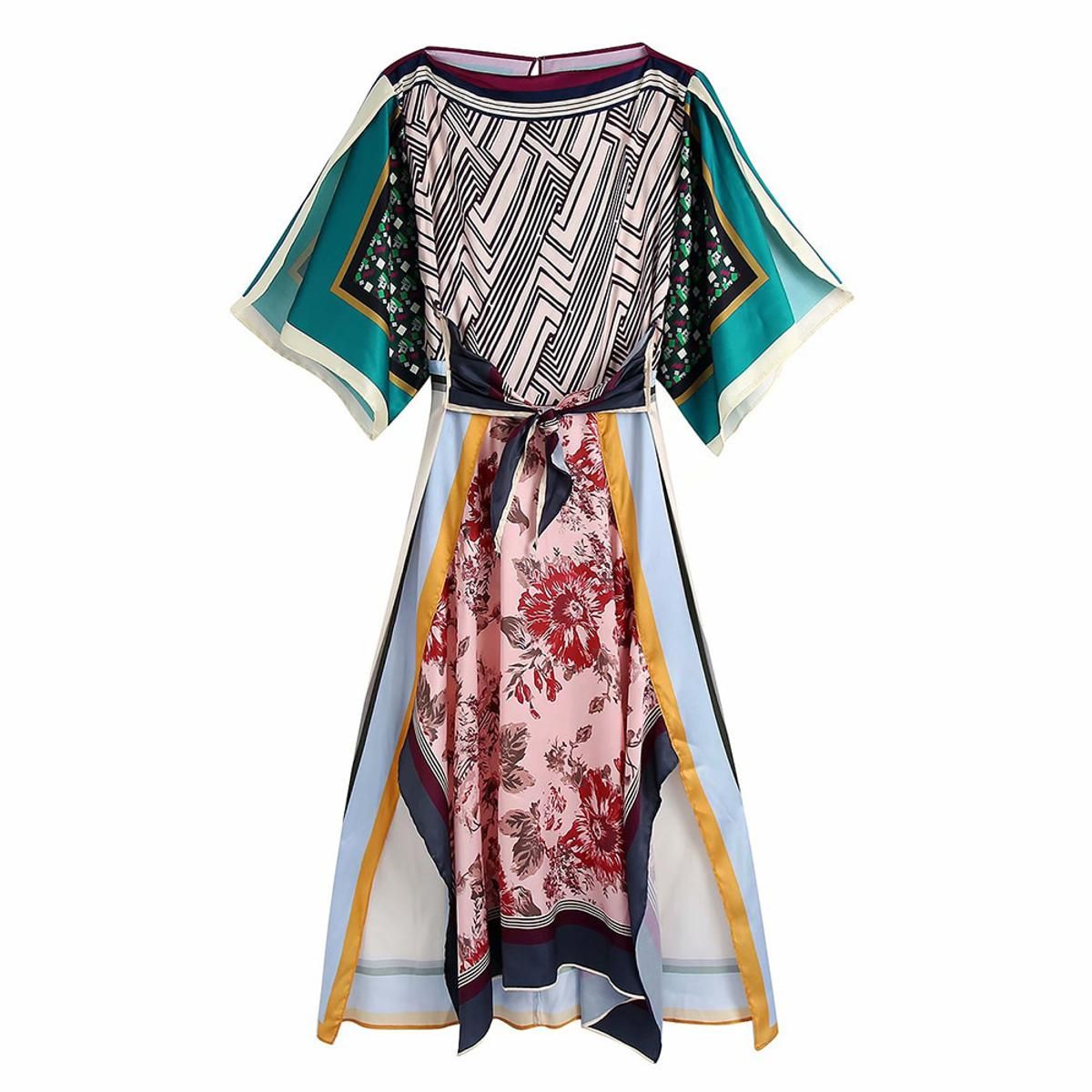 KPYTOMOA Women 2021 Fashion With Tied Patchwork Print Slit Midi Dress Vintage Short Sleeve Back Zipper Female Dresses Mujer